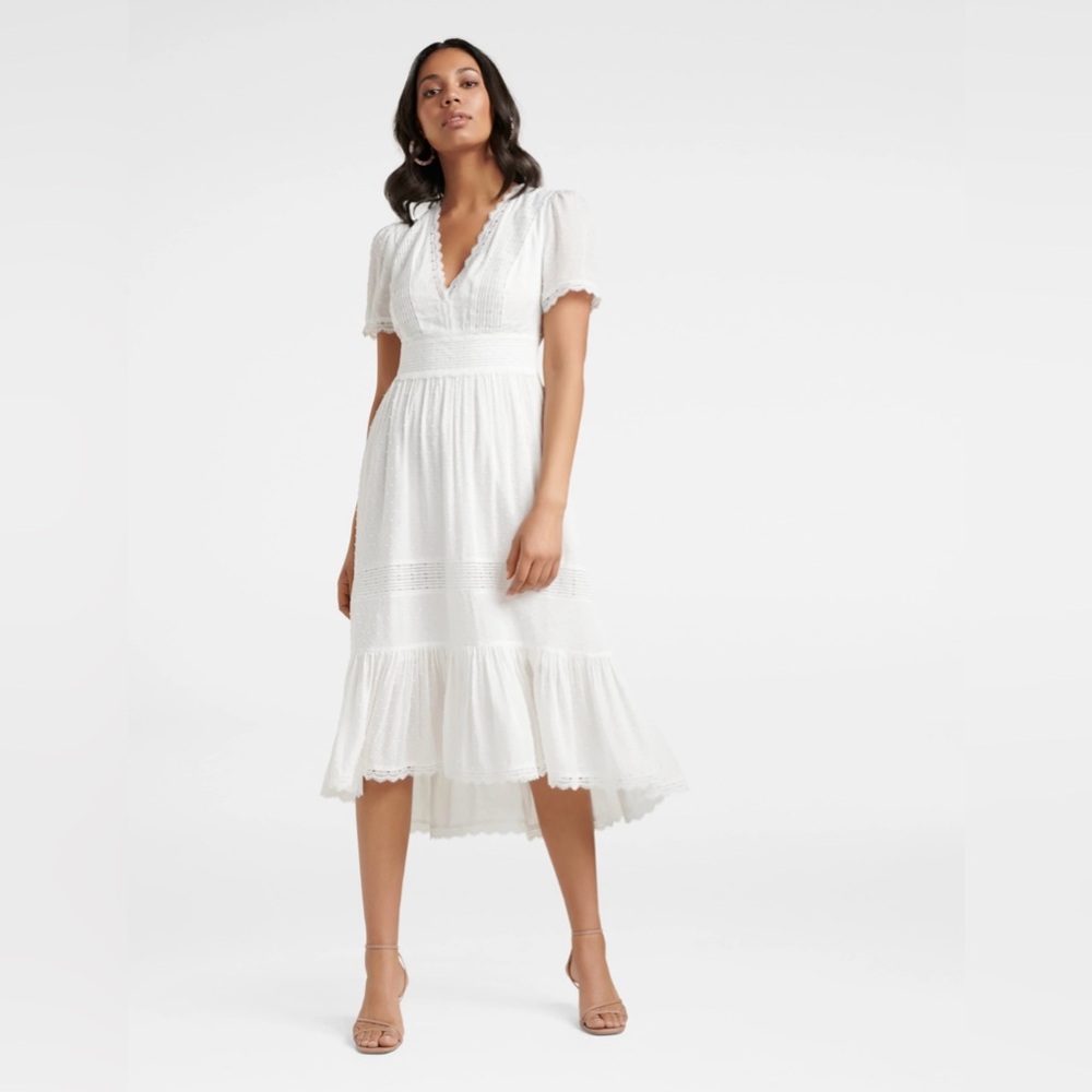 Evernew Margot Spliced Midi High Low Dress White Lace Trim Cottagecore Prairie